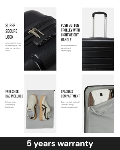 Image of SNITCH Loop 3Pc Set Black Polypropylene Hard Travel Suitcase - Suitcase for Travel Set of 3 & Luggage with 4 Wheels, Secure Lock & Free Shoe Bag
