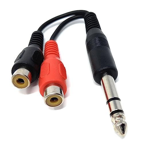 DRUT 1pcs 10cm 6.35mm Stereo Jack Plug to 2 x RCA Phono Sockets Audio Adapter Cable Splitter (Black)