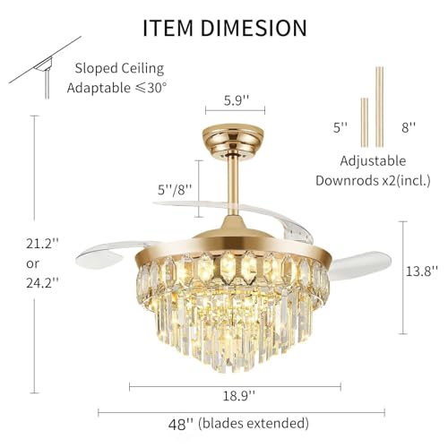 Image of FIDGRA 48'' Fandelier Ceiling Fan with Light, Chandelier Fan, Gold