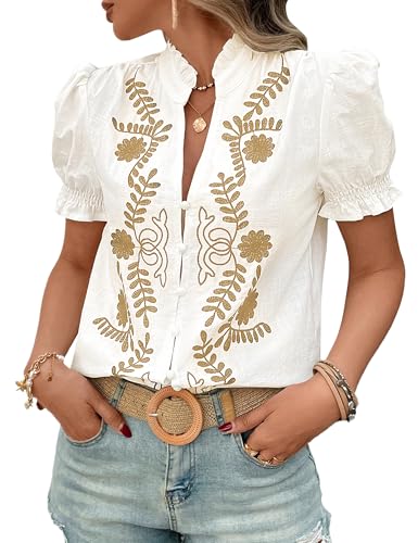 Women's Summer Tops 2026 Casual Ruffle V Neck Puff Short Sleeve Button Down Shirts Embroidered Blouses Apricot White XL