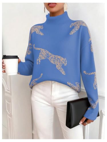 Image of WDIRARA Women's Leopard Tiger Print Sweater High Neck Long Sleeve Fuzzy Knitted Pullover Top