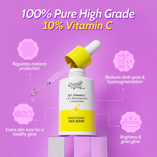 Image of Chemist At Play 10% Vitamin C Serum for Glowing Skin | Pigmentation & Dark Spots | Skin Brightening Face Serum | With Ethyl Ascorbic Acid, Lactic Acid & Glucosamine | For Men & Women | 10 ml