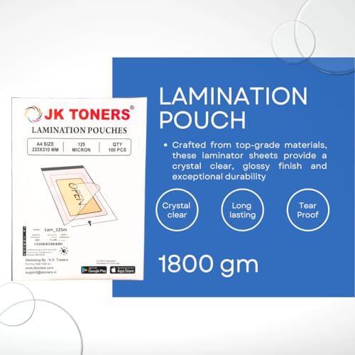 Image of JK Toners A4 Laminating Pouches 100 Sheets, Clear Glossy Finish, Waterproof | Perfect for Document & Certificate Protection