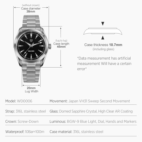 Image of watchdives VH31 Quartz Watch, WD0006 Stainless Steel Wristwatch 38mm Domed Sapphire Crystal Luxury Watches 100M Waterproof