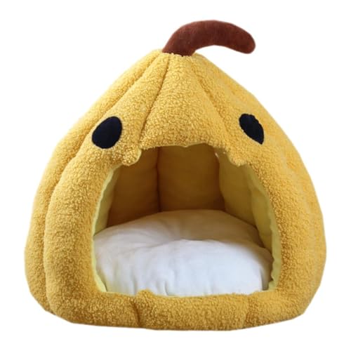 かぼちゃのキャットハウス、小型猫と子猫用の暖かい密閉式ペットベッド、柔らかくて洗えるぬいぐるみクッション、かわいいハロウィンテーマの居心地の良い室内猫用隠れ家、楽しい季節の装飾 (黄色, 40cm)