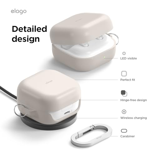 Image of elago Premium Silicone Case with Carabiner, Compatible with Samsung Galaxy Buds 4 Pro Case & Galaxy Buds 4 Case, Full Protection, Wireless Charging, Headphone Accessories, for Men, for Women (Stone)