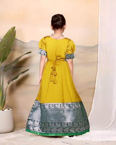 Image of Girls Silk Pattu Gown for Kids Traditional South Indian Long Ethnic Dress | Baby Girl Festival Pavadai Sattai Style Party Wedding Birthday Special Occasion Outfit