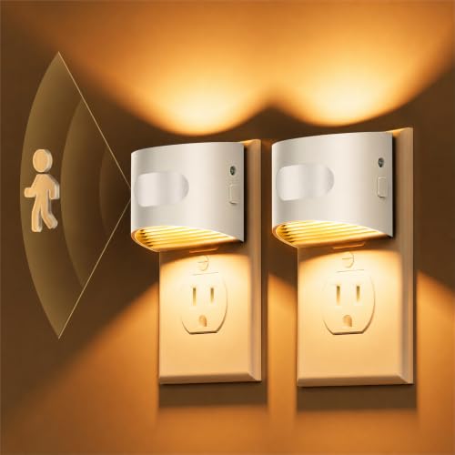 Image of L LOHAS LED Motion Sensor Night Light, Night Lights Plug into Wall, Amber | Plug in Night Light with Dusk to Dawn Sensor, 30-100lm Adjustable Brightness, White Housing 2 Pack