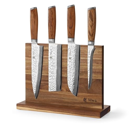Wakoli Chefs Choice Damastmesser Set 5-teilig mit Magnet Messerblock aus Akazienholz, Koch, Santoku, Nakiri & Ausbeinmesser, 15 bis 20 cm Klingen, 67 Lagen Damaststahl mit VG10 Kern, Zebraholzgriffe