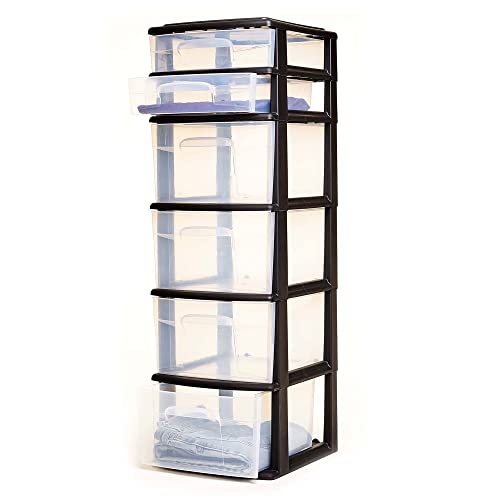 Homz-Plastic-6-Clear-Drawer-Medium-Home-Storage-Container-Tower-with-4-Large-Drawers-and-2-Small-Drawers-Black-Frame