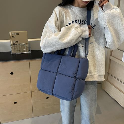 Image of Puffer Tote Bag Lightweight Down Cotton Padded Puffy Purse Quilted Puff Crossbody Bags for Women (Blue)