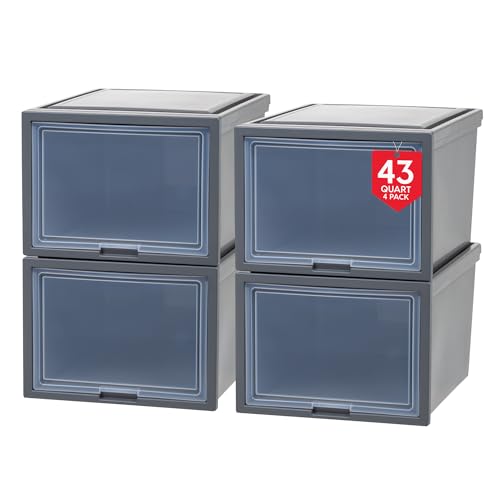 IRIS USA 42 Qt. Plastic Drawer Storage Organizer Stacking Drawers, 4-Pack, Stackable Unit with Flip-Up Door for Clothes Bedroom Kitchen Under Sink Pantry Craft Room Bathroom Dorm Office, Dark Gray
