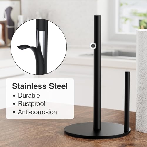 Paper Towel Holder Black, Premium Stainless Steel Kitchen Roll Dispenser, Countertop Roll Organizer with Weighted Base #2
