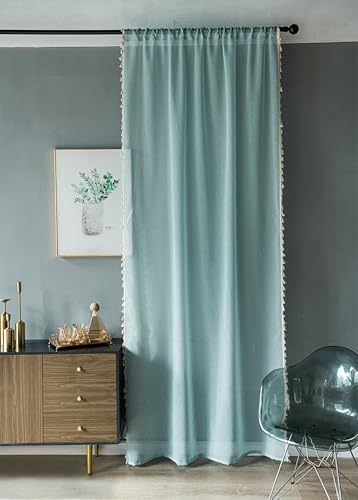 KnSam Rideau Voilage à Passant Effet Lin à Franges, Rideaux Chambre Bleu Vert Moderne, 100x130 cm x 2PCS