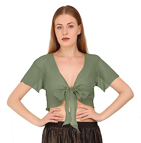 Image of Indian Trendy Women's Chiffon Short Sleeve Tie Top Choli Blouse Belly Dance Gypsy Tie Front Cardigan Tops