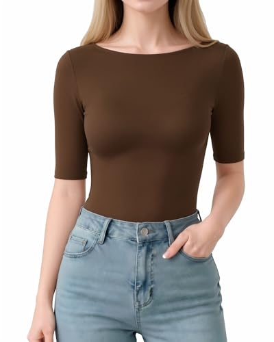 Image of ALGALAROUND Boat Neck Tops for Women Half 3/4 Sleeve Shirts Basic Tee Casual Summer Going Out T-Shirt 2026 Coffee M