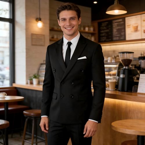 MOGU Suits for Men, 2 Piece Slim Fit Suit with Double Breasted Blazer and Tuxedo Pants, Jacket 38 & Pants 34 (38, Black)