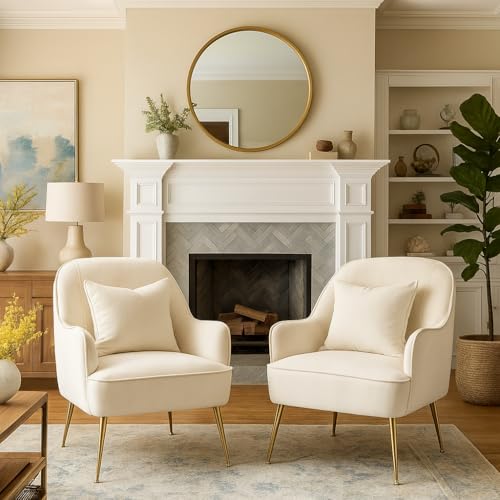 Image of Luxor Velvet Chair | Premium Spacious Set of 2 Accent Chairs with Pillow | Modern Armchair in Soft Velvet Fabric with Glossy Golden Legs| 2pc, Beige