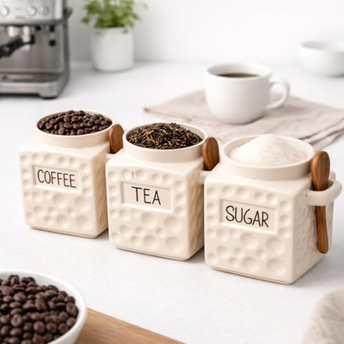 Image of The Deluxe Creations Ceramic Tea Coffee Sugar Jars Set with Wooden Lid & Spoon | Premium Kitchen Storage Canisters | Airtight Containers for Tea Coffee Sugar | 500 ML Each | Set of 3