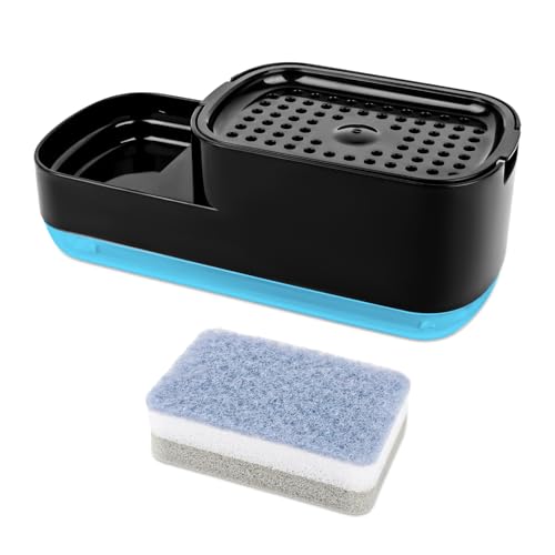 VFANDV Dosificador Jabon Cocina, 2 en 1 Dispensador de Jabón para Lavavajillas Pump con Soporte para Esponja con Esponja Estropajo Fregadero (Negro)