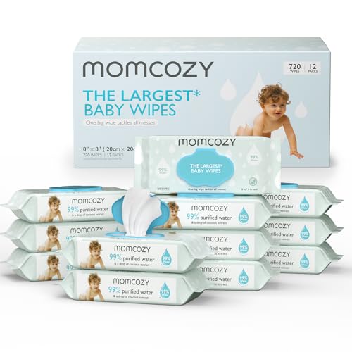 Image of Momcozy Water Baby Wipes-Extra Large Size Design, 99% Water Based Wipes, Unscented & Hypoallergenic, Cleansing & Moisturizing Baby Wipes for Sensitive Skin, 12 Flip-Top Packs (720 Wipes Total)