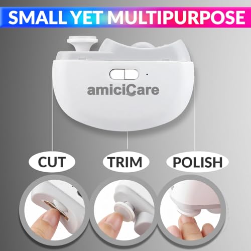 Image of amiciCare 2 in 1 Electric Nail Polisher, Dual Speed Rechargeable Portable Nail Clipper for Baby and Adult, Automatic Nail Trimming, Auto-Shut with Collector