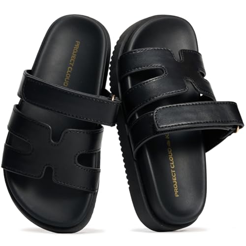 Project Cloud Girls Sandals - 100% Genuine Leather Sandals for Girls - Stylish Girls Footwear with Plush Soft Insole - Non-Slip Water-Resistant Beach Slides for Girls Kids Sandals (Mayvy Black Leather 2K)