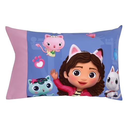 Image of Gabby's Dollhouse Gab-Tastic Purple and Pink Pandy Paws, Mercat, and Cakey 4 Piece Toddler Bed Set - Comforter, Fitted Bottom Sheet, Flat Top Sheet, and Reversible Pillowcase