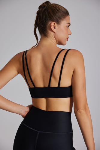 Image of Yoga Sports Workout Bras for Women Seamless Molded Cup Spaghetti Double Strap Bra Wirefree Scoop Neck Tank Top Bras
