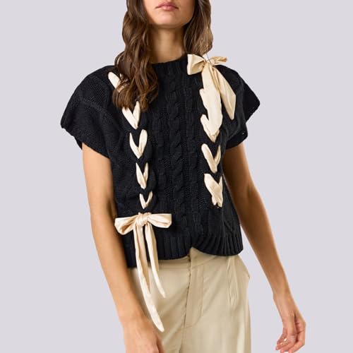 Image of Argeousgor Womens Y2k Lace Up Ribbon Sweater Vest Bow Twist Cap Sleeve Crochet Vest Mock Neck Pullover Knit Sweaters (Black, M)
