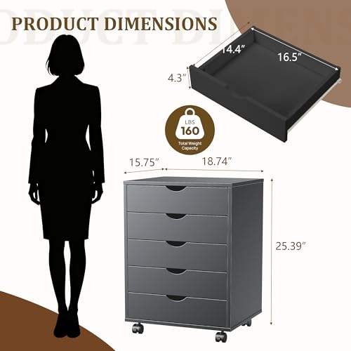 Image of 5 Drawer Mobile File Cabinet Under Desk Storage Organization with Wheels Vertical Filing Chest Rolling Wood Small Desk Printer Stand for Home Office, Black