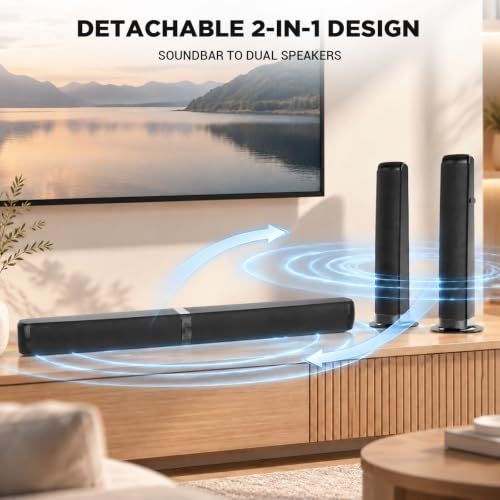 MZEIBO Sound Bar with Subwoofer, 120W Peak 2.1 CH Detachable Soundbar for TV, 2-in-1 Home Theater Audio System with DSP, Bluetooth 5.3, HDMI ARC, Optical & AUX for Movies, Music & Gaming - image 2