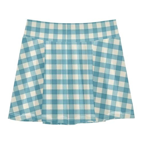 Gingham Blue White Athletic Skirt Girls with Built in Shorts Flowy Toddler Athletic Skort Pleated Skirt Kids with Pockets