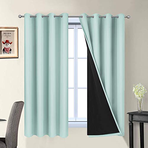 Image of Yakamok 100% Blackout Lined Curtains, 2 Thick Layers Completely Blackout Window Treatment Thermal Insulated Drapes for Bedroom(52Wx63L, Aqua, 2 Panels)