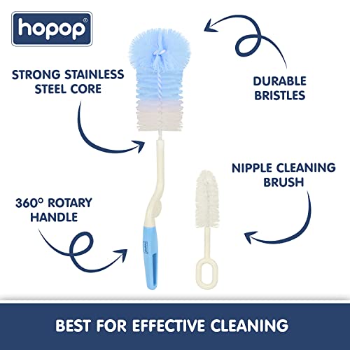 Image of Hopop Bottle Cleaner Brush | Baby Feeding Bottle Cleaning Brush & Nipple Cleaner Brush | 360* Rotating Handle | Easy to Clean Feeding /Water Bottle Corner | BPA Free | Blue