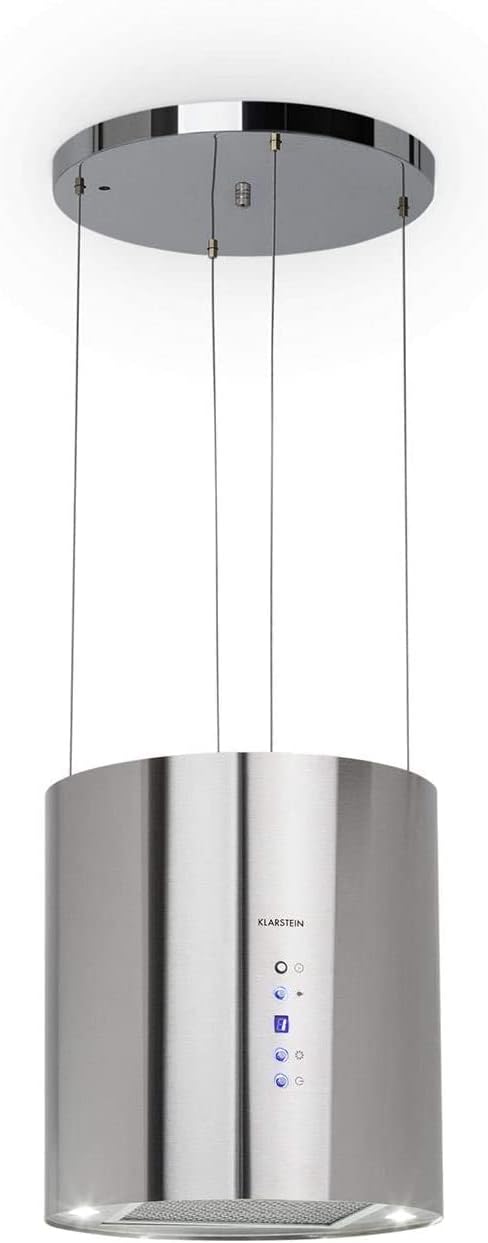 Klarstein Barett island cooker hood - kitchen extractor fan, extractor hood , Ø 35cm , 190 W Motor , Max. 560 m³ / h Circulating Air , 3 Power Levels , LED Cooking Surface Lighting , Steel - Silver