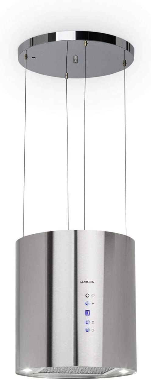 Klarstein Barett island cooker hood - kitchen extractor fan, extractor hood , Ø 35cm , 190 W Motor , Max. 560 m³ / h Circulating Air , 3 Power Levels , LED Cooking Surface Lighting , Steel - Silver