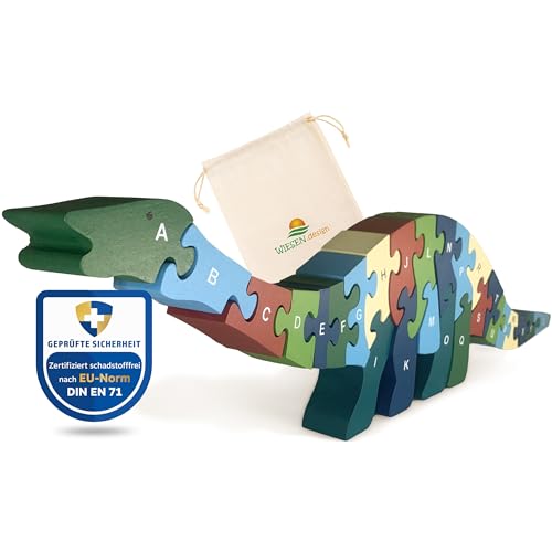 WIESEN.design Puzzle de letras Dino, brinquedo Montessori a partir dos 3 anos, DIN EN71 testado e embalado de forma sustentável, quebra-cabeças de madeira para crianças, quebra-cabeças ABC a partir