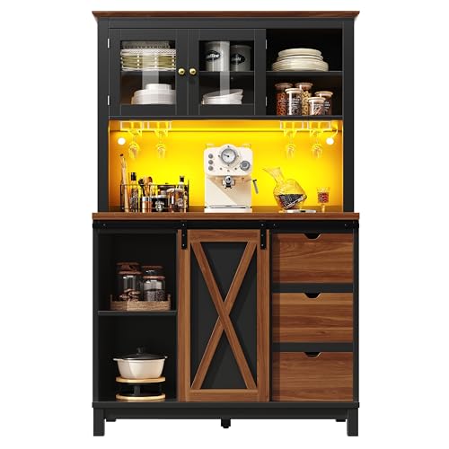 DHHU 100 x 35 x 200 cm-Buffet Cuisine,Armoire de Rangement Haute avec éclairage LED, avec étagère en Verre et Double Portes - Armoire d'affichage pour Salon...