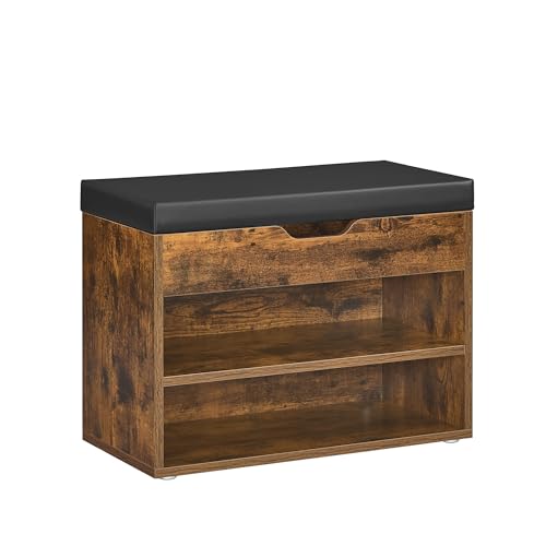 VASAGLE Banco Zapatero, Mueble Zapatero con Asiento Tapizado, Banco Recibidor con 3 Compartimentos y Asiento Acolchado, 30 x 60 x 44 cm, para Entrada Dormitorio Sala de Estar, Marrón Rústico LHS020K03