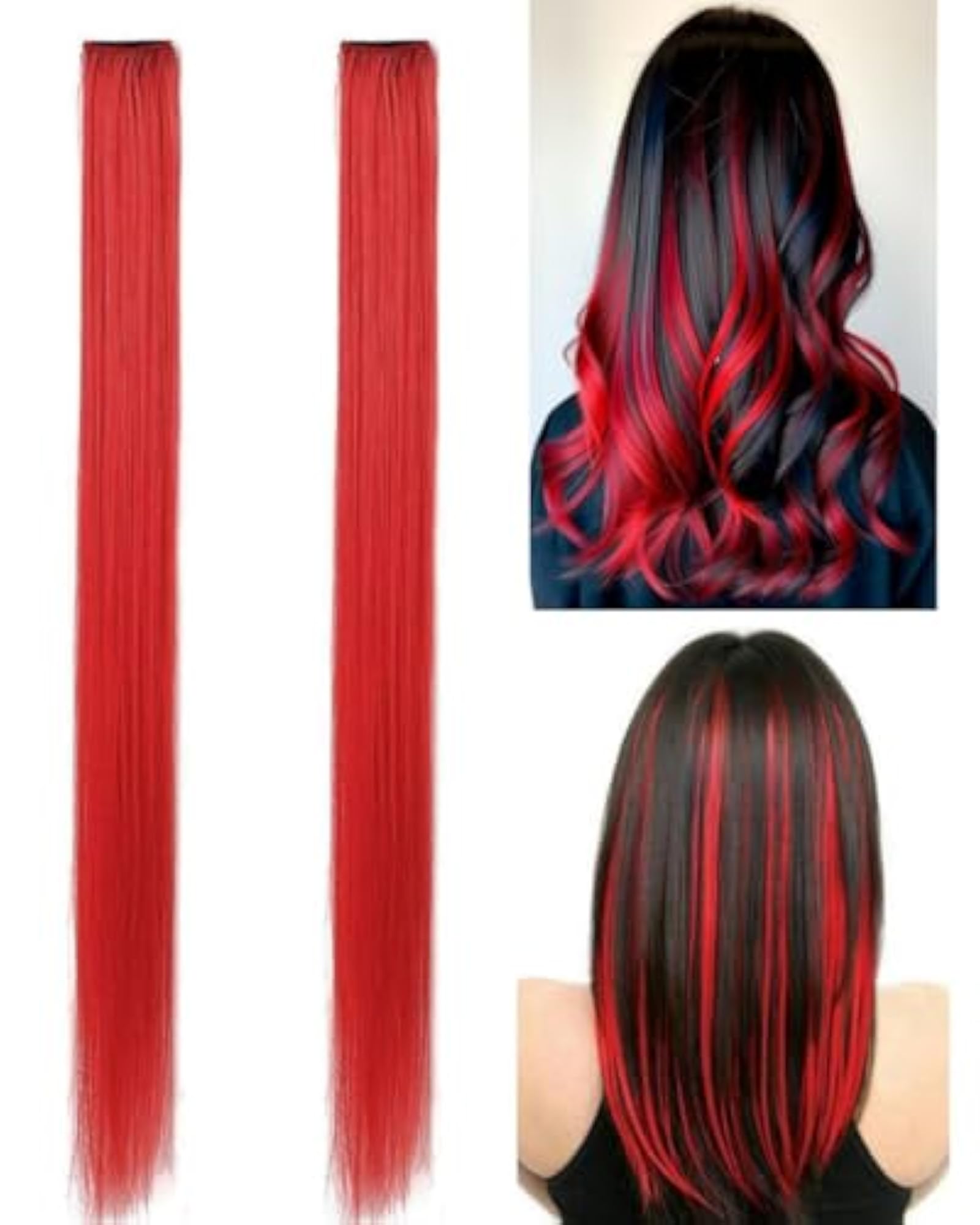 Red Colored Streak Hair Highlighter Extensions, Set of 2