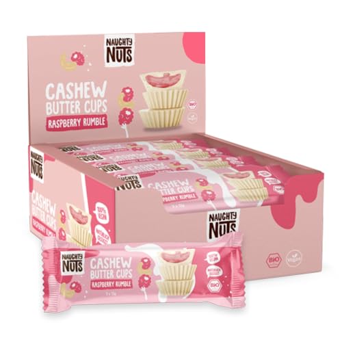 Naughty Nuts Bio Barritas de Mantequilla de Anacardos con Frambuesas y Chocolate - Veganas, sin Aceite de Palma y con un 53% Menos de Azúcares Refinados - 12 x 39 g