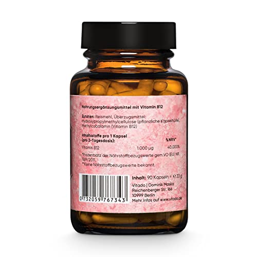 Vitamin B12 hochdosiert - 1000µg Vit B12 aus Methylcobalamin - 90 Kapseln im Glas - Vegan - Laborgeprüft