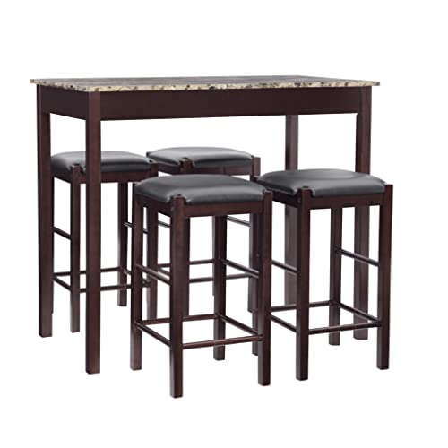 Linon Espresso Brown Table and 4 Stools Faux Marble Tavern D