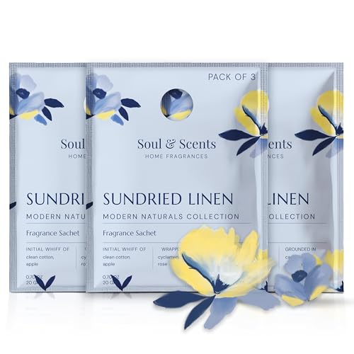 Image of Soul & Scents Sundried Linen Fragrance Sachet | A Comforting Aroma of Pure Cotton | Long-Lasting Air Freshener for Car, Wardrobe, Kitchen, and Travel Bag | Pack of 3-20gm Each