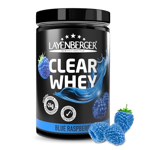 Layenberger CLEAR WHEY Protein Pulver zum Anrühren, klarlösliches Molkeneiweißisolat für Muskelaufbau, 79% Eiweiß, 22,7% BCAA (1x 420 g) - blaue Himbeere