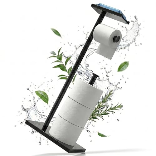 MATERIUM® Toilettenpapierhalter Stehend Schwarz, mit Ablage - Extra Schwerer Fuß - Klopapierhalter Stehend, Toilettenpapierständer, Klorollenhalter Stehend, Toilettenpapierhalter mit Ablage - Schwarz