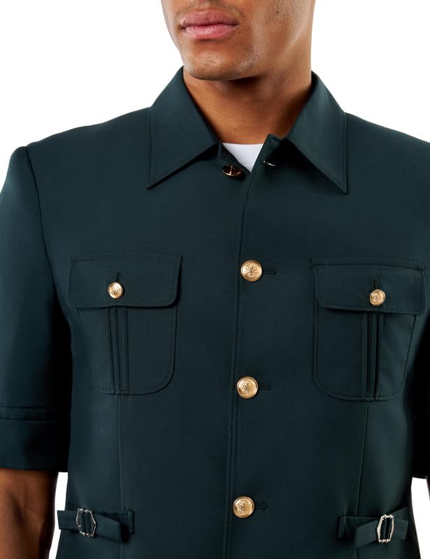 Xposed Completo da Uomo, Modello Safari, Verde Foresta Intenso, Elegante e Casual, Estivo, Composto da Due Pezzi, Giacca Militare a Maniche Corte e Pantaloni