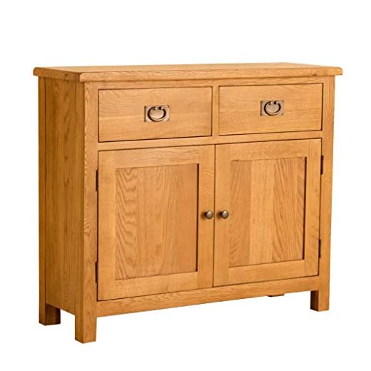 Lanner Oak Small Sideboard Cabinet | Traditional Rustic Waxed 2 Drawer Solid Wood Storage Cupboard for Dining Room, Hallway or Living Room | Fully Assembled 85 x 100 x 33.5 cm