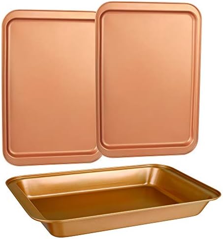 CopperKitchen Original Cookie Sheet & Roasting Tray Set - 3 pcs Toxic Free NONSTICK - Organic Environmental Friendly Premium Coating - Durable Quality - 2 X Baking Sheets 1 X Roasting Pan - BAKEWARE